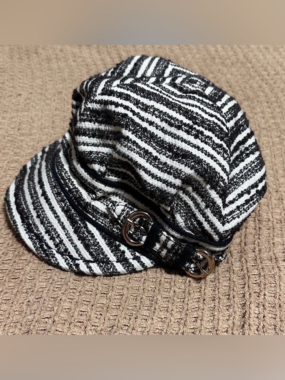 Vintage Grace white and black stripe cap with buckle detail